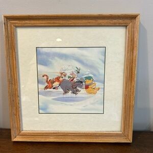 Vtg DISNEY Pooh Bear & Friends Winter Framed Matted Wall Art Four Seasons Series
